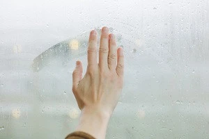 結露が付着した窓ガラスを手で拭っている写真