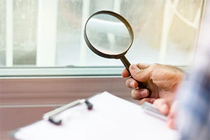 窓ガラスを点検する修理事業者の写真