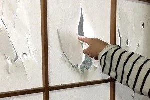 子供が障子の紙を破っている写真