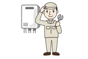 給湯器の隣に立つ修理事業者の絵